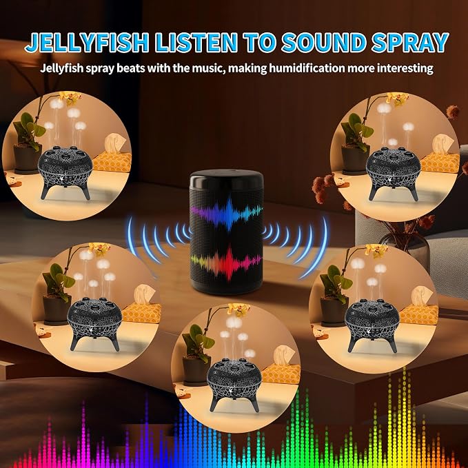 BOHOFAM Jellyfish Essential Oil Diffuser 250ML,Aroma Diffuser Hears Sound to Spray Dancing Jellyfish Mist,7 Colorful Lights, 4 * 10ML Hotel Collection Diffuser Oils Scents for Home Bedroom(Black)