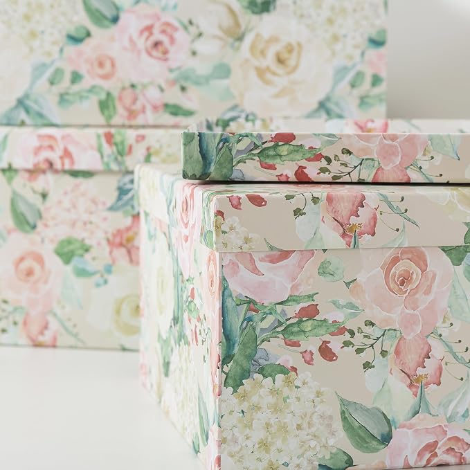 Soul & Lane - Blooming Rose Decorative Storage Boxes with Lids, Set of 3 | Large Nesting Cardboard Keepsake Boxes for Photos and Memories, Floral Photo Storage Containers for Home Decor