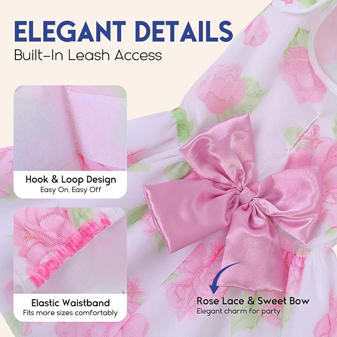ASENKU Dog Dress Pet Wedding Dress Puppy Birthday Party Outfit, Rose S | Dog Flower Girl Dress With Leash Hole, Princess Puppy Dress For Weddings, Daily Wear, Fits Small Medium Large Dogs Cats