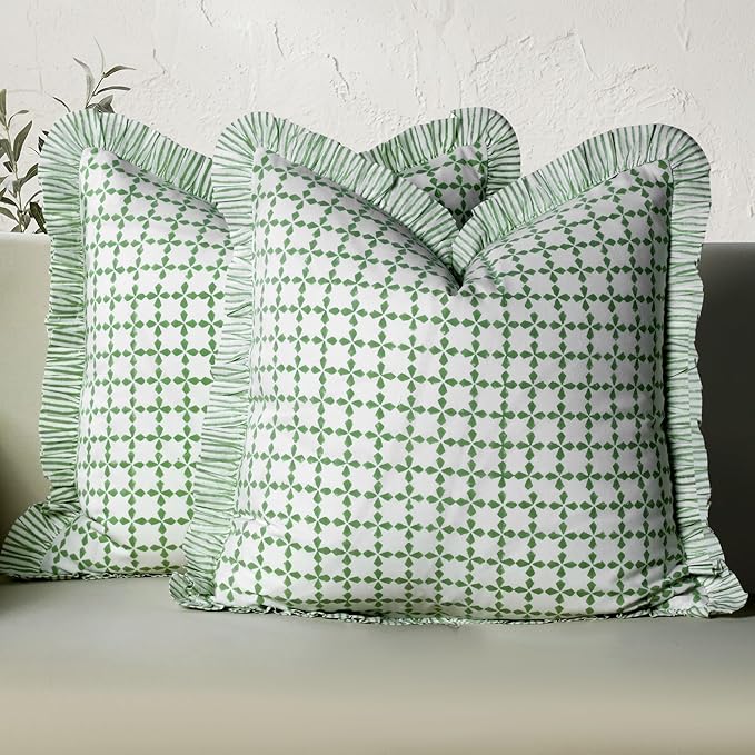 CPC Kelly Green Hand Block Print 100% Cotton Ruffle Throw Pillow Cover 18x18 inch with Hidden Zipper Decorative for Couch, Bed, Sofa, Farmhouse, Cottagecore Decor Gift Christmas Fall Thanksgiving