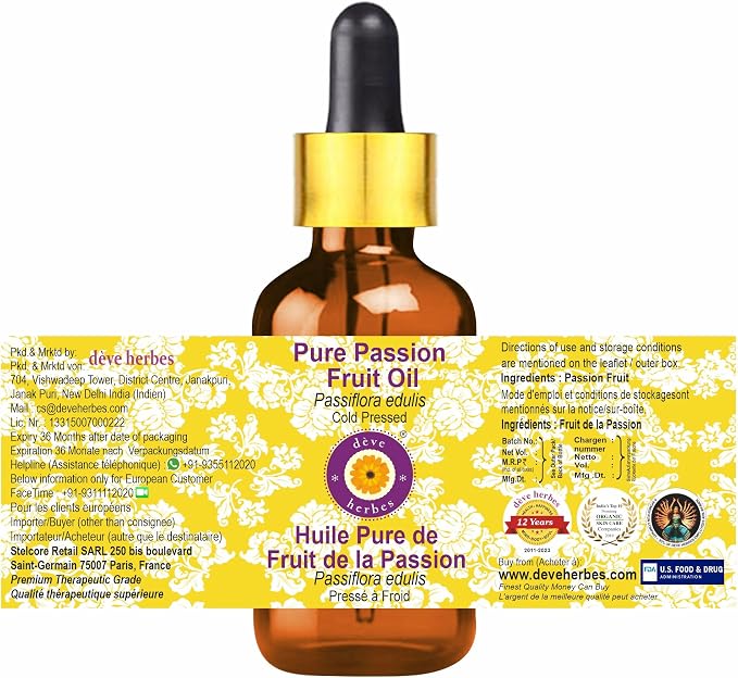 dève herbes Pure Passion Fruit Oil (Passiflora edulis) with Glass Dropper Cold Pressed 100ml (3.38 oz)