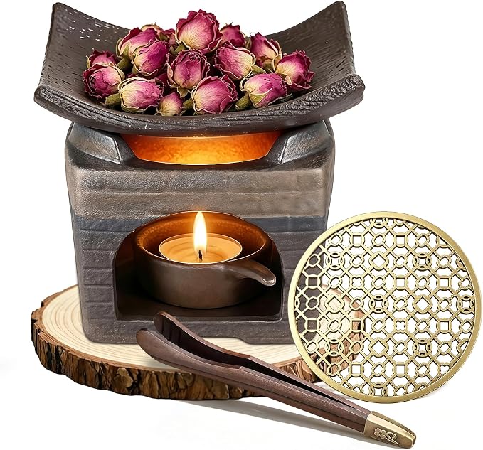 Tiiyee Ceramic Aromatherapy Stove Essential Oil Burner, Herb Burner & Candle Wax Melt Warmer with Tealight Holder Handmade Zen Incense Burner for Home Office Fragrance & Meditation Yoga & Relaxing