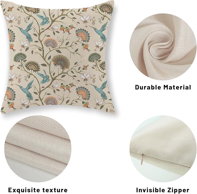 Chinoiserie Pillow Covers 18x18 Inch Set of 2 Blue Green Bird Floral Throw Pillows Vintage Plants Flower Decorations Pillow Cases Outdoor Chinoiserie Decor Linen Cushion Cover for Couch Home