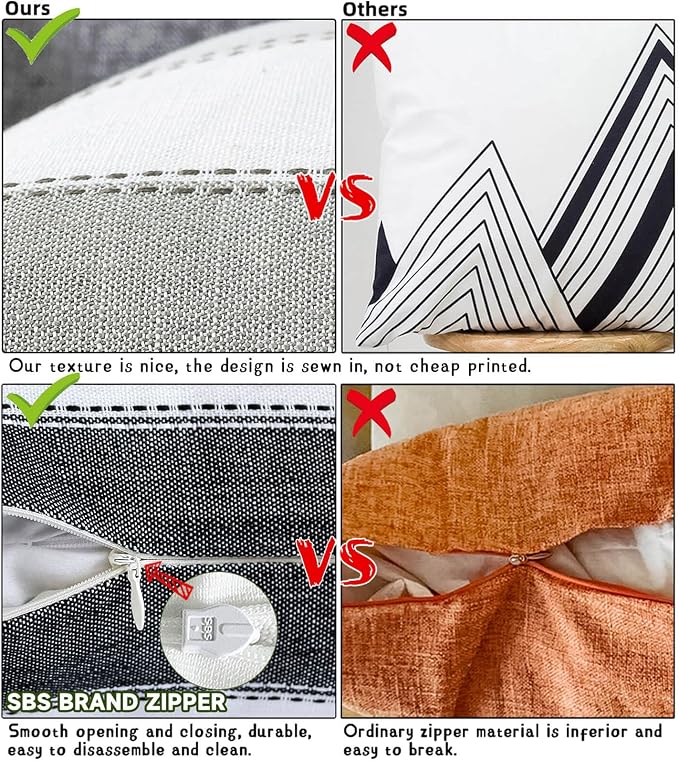 Pack of 2 Farmhouse Stripe Check Throw Pillow Covers Set Case Cotton Linen Decorative Pillowcases Cushion Cover for Couch Bench Sofa 16x16Inch Black