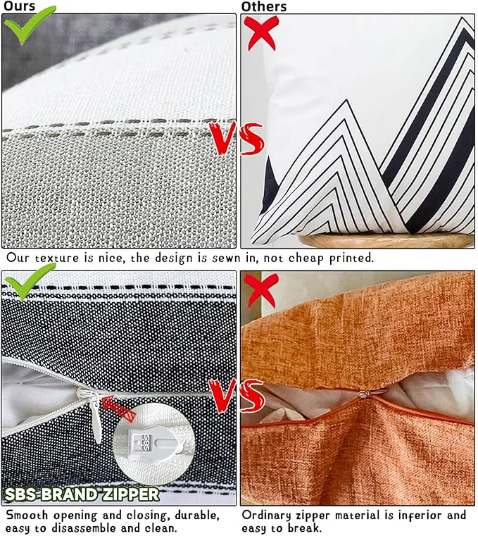 Pack of 2 Farmhouse Stripe Check Throw Pillow Covers Set Case Cotton Linen Decorative Pillowcases Cushion Cover for Couch Bench Sofa 18x18Inch Black