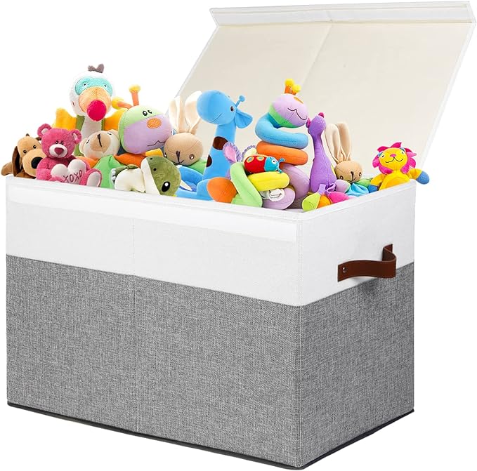 Large Toy Storage Box with Lid, Toy Chest Bin Boxes Basket with Dividers | Sturdy Toy Organizer Bin for Kids, Boys, Girls, Nursery, Living Room, Bedroom, Playroom 25"x13" x16" (Grey and White)