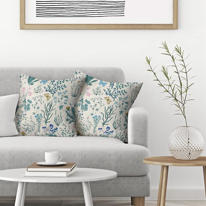 AEIOAE Spring Pillow Covers 16x16 Inch Set of 2,Blue Teal Wild Flower Plant Throw Pillows Case,Seasonal Floral Outdoor Decorative Square Linen Farmhouse Decor Cushion Covers for Home Sofa Bed Couch