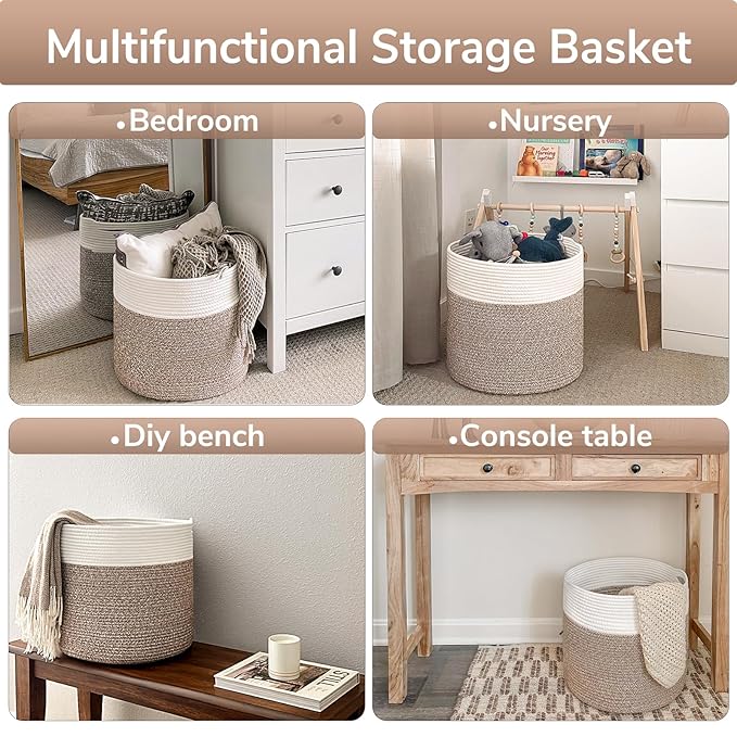 Goodpick Woven Rope Basket for Blankets, Storage Basket for Toys, 45L | 15.8 x 15.8 x 13.8 In Baby Toy Storage Basket for Nursery, Blanket Basket Living Room, Laundry Basket for Towels, Bin,Mele