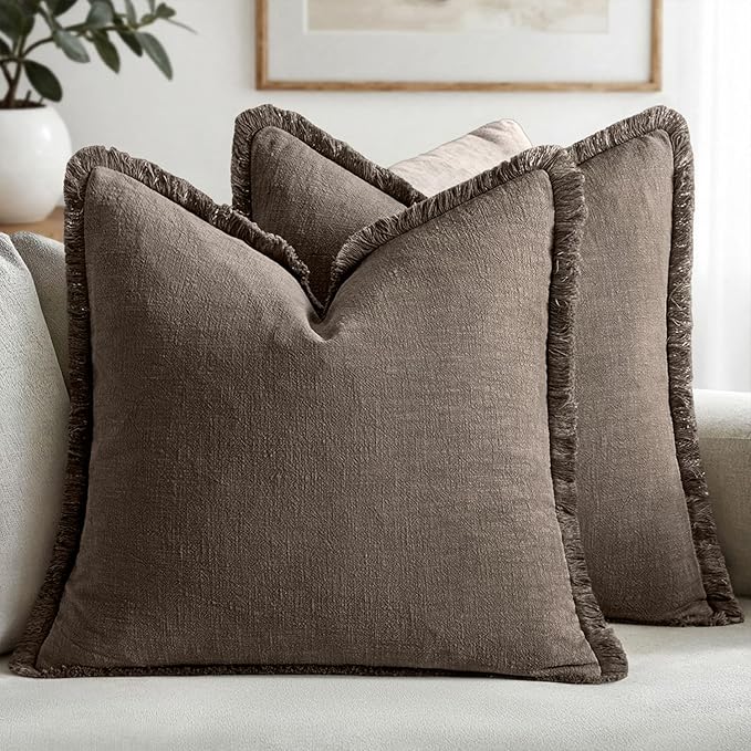 MIULEE Linen Fringe Decorative Fall Euro Throw Pillow Covers Coffee 26x26 | Set of 2, Cottagecore Decor, Boho Farmhouse Neutral Pillow Covers, Rustic Fall Couch Cushion Cases for Sofa Bed Living Room