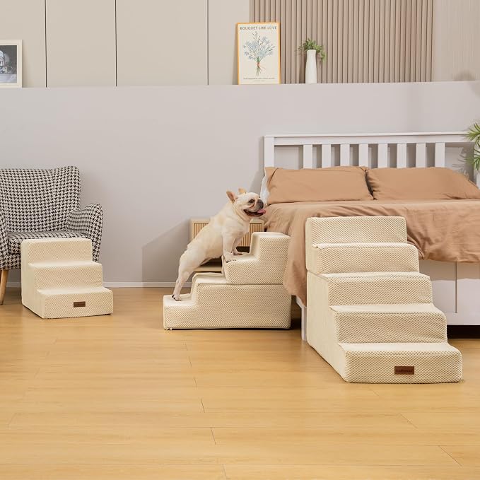 Aodisman Dog Stairs for Small Dogs & Cats,3-Step Pet Steps for Couch & Bed | High-Density Foam Dog Steps with Anti-Slip Bottom,Easy for Puppies,Older Cats & Dogs to Reach Sofas & Chairs,Beige,13.6" H