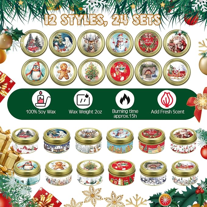 MTLEE 24 Sets Christmas Scented Soy Wax Candles Aromatherapy Candles with Organza Bag and Cards Bulk, Portable Travel Tin Candle Party Favors Christmas Gifts for New Year Home Supplies(Romantic)