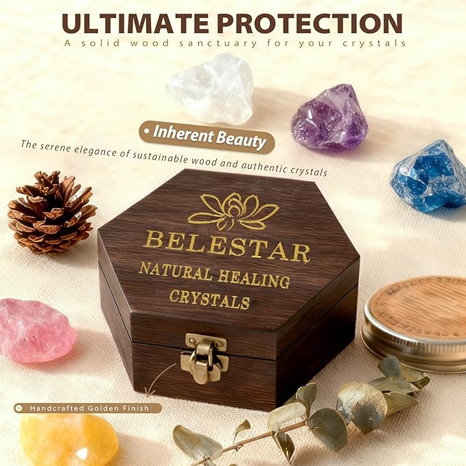 7 Chakra Healing Crystals Set - Large Raw Stones: Amethyst, Rose Quartz, Citrine, Lapis Lazuli, Clear Quartz, Tigers Eye, Red Jasper - Energy Alignment Kit with Wooden Gift Box & Guidebook