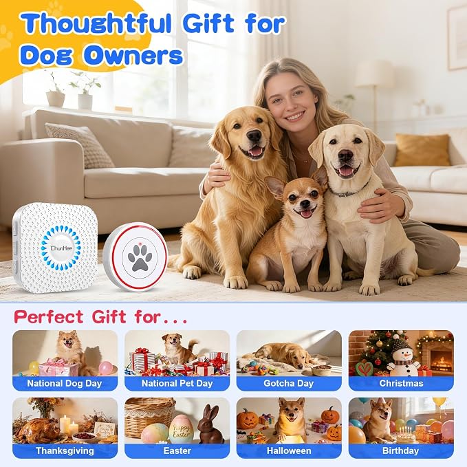 Dog Door Bell for Potty Training, IP55 Waterproof, 55 Ringtones, 0-115dB | Touch-Activated Wireless Dog Bell Helps Puppies Signal Outside, 5 Volume Levels and Waterproof Button for Indoor/Outdoor Use