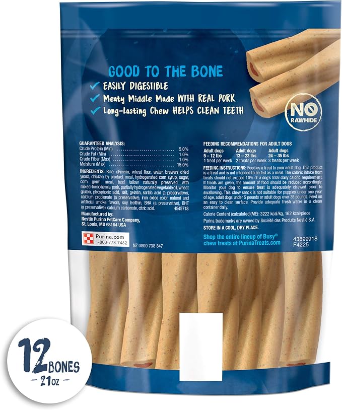 Purina Busy Bone Adult Mini Dog Chew Treats, Original, (2) 12 ct Pouches | Rawhide free chew with a real meat center, for small dogs 13-24 lbs, long lasting chew that helps clean teeth