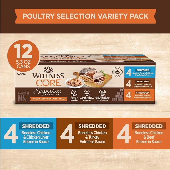 Wellness CORE Signature Selects Variety Pack Adult Canned Wet Cat Food, Natural, Protein Rich, Grain Free, Poultry Recipes, 5.3 oz, Pack of 12 Cans