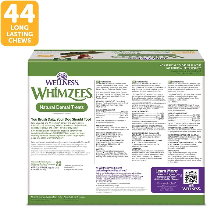 Wellness WHIMZEES Value Pack Natural Dog Dental Treat, Chews, Freshens Breath, Medium Size, 46.6 oz Box, 44 Count