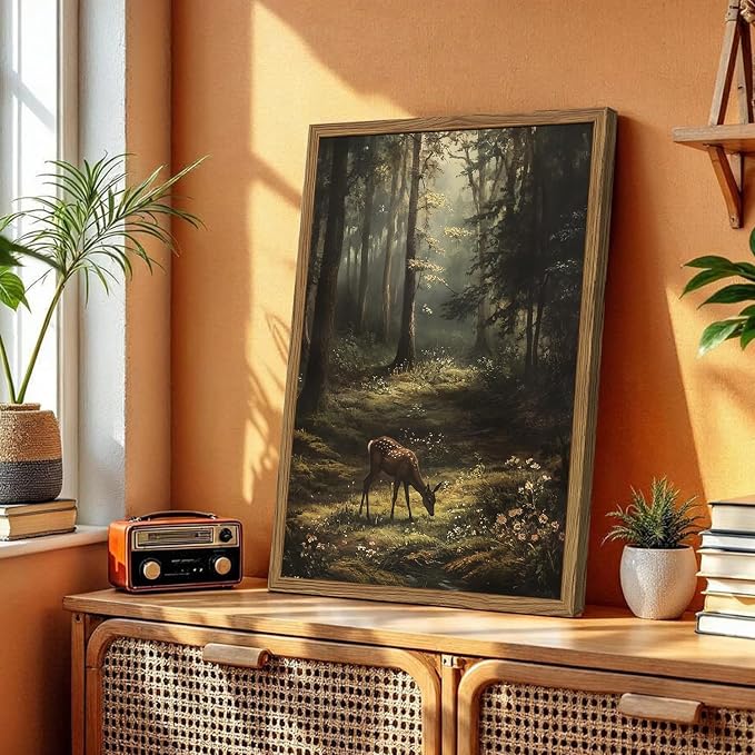 Framed Vintage Forest Deer Canvas Wall Art, Rustic Nature Landscape Paintings Wall Decor, Woodland Animal Pictures Prints Cottagecore Home Decor for Living Room Bedroom Office 12x16 inch