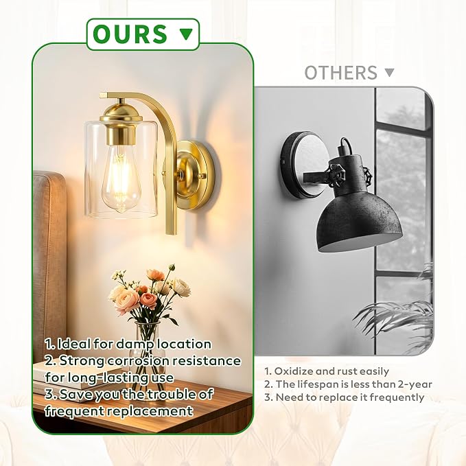Wall Sconces Lights Lamp for Bedroom Bathroom, Modern Vanity Light Fixtures, Gold Farmhouse Wall Mount Lighting Lanterns with Clear Glass Shade for Living Room Mirror Hallway Kitchen