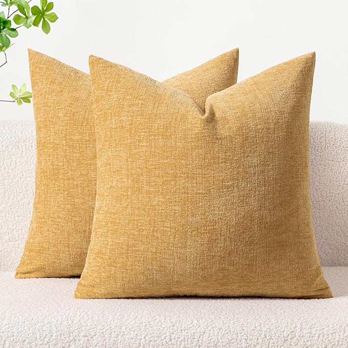 MIULEE Soft Chenille Throw Pillow Covers Beige Yellow 16x16 Inch Pack of 2 | Modern Home Decor, Classic Decorative Pillows, Solid Dyed Cases, Boho Couch Cushion Covers for Sofa Bed Living Room