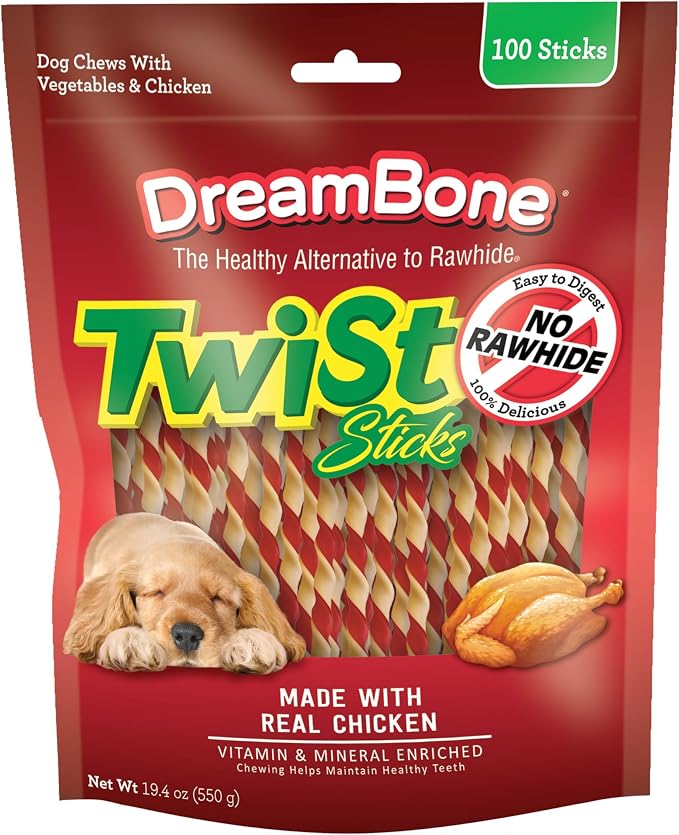 DreamBone Twist Sticks Rawhide-Free Dog Treats with Real Protein, 100 Count | Daily Chew, Digests Safely and Completely, Made With Real Chicken and Veggies, For Adult Dogs