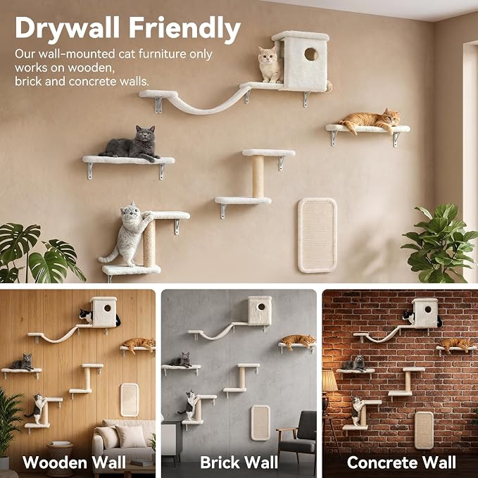 Meecal 6-in-1 Cat Wall Shelves, Wall Mounted Cat Furniture Set, Cat Shelves for Wall with Scratching Posts, Cat Bed & Bridge, Space Saving Cat Climbing Perch for Kittens, White