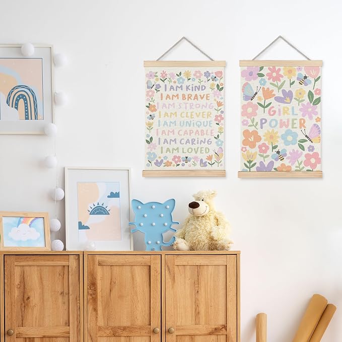 URLLUAE Girls Room Wall Decor, Nursery Colorful Flower Girly Wall Art With Wooden Poster Hanger, Pastel Floral Inspirational Canvas Prints Posters for Girls Room Nursery Playroom, 12x16 Inch Set of 2