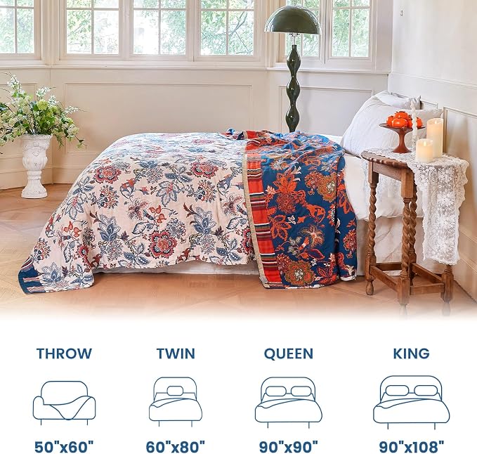 MSGKV Boho Throw Blanket 90"x108" Summer Cotton Floral Blanket for King | Muslin Throw, Floral Pattern, Reversible Woven, Lightweight Comfort, King Size Blanket, Farmhouse Decor, Machine Washable