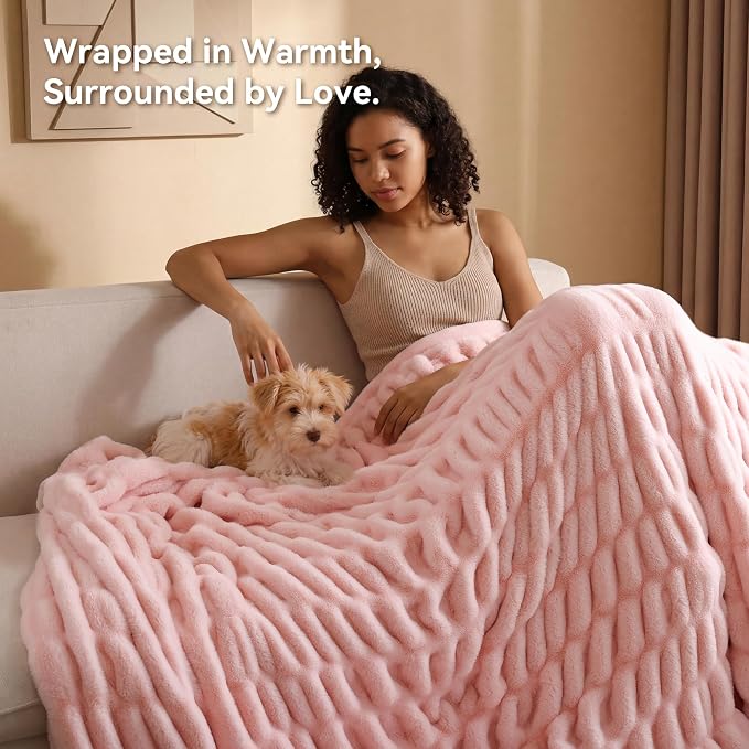 Blush Pink Fluffy Blanket for Couch - Luxury Faux Rabbit Fur 50"x60" | Ultra Soft & Plush Comfort Ruched Blanket, Cozy Fuzzy Fleece Throw for Sofa, Bed & Office, Gift for Women, Pink Room Decor