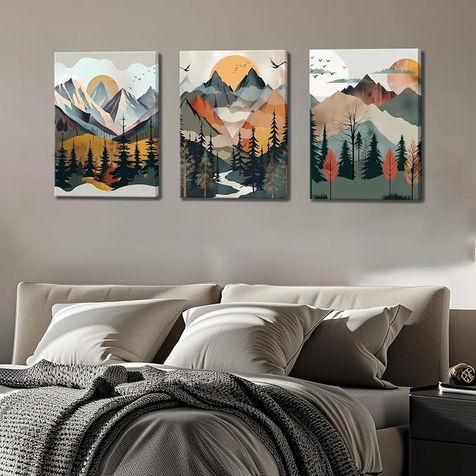 Mountain Canvas Wall Art Set of 3, Boho Sun Forest Abstract Nature Landscape Artwork Wall Decor, Watercolor Posters Prints Painting Picture Artwork for Living Room Bedroom Office 16x24 In Framed