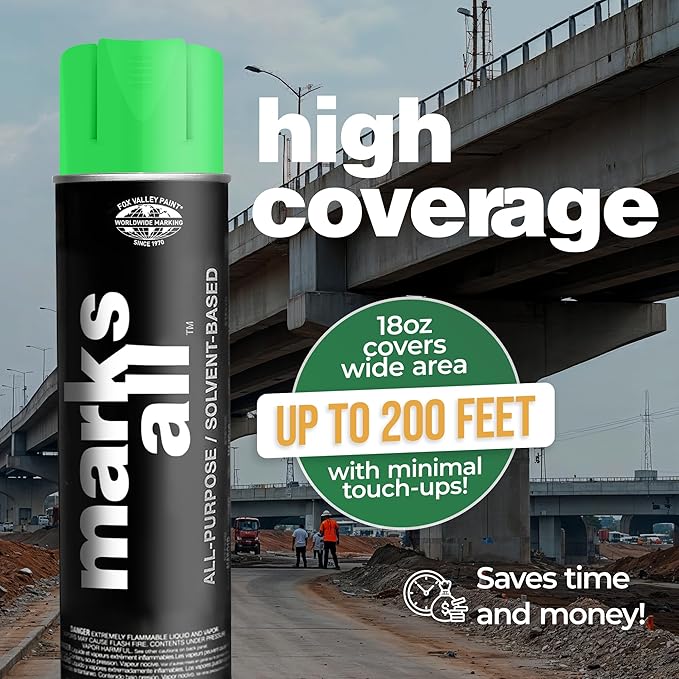 Fox Valley 18oz Marks All Solvent-Based Marking Paint Spray, 12-Pack Green Fluorescent – Long-Lasting, Weather-Resistant Spray Paint for Wet or Dry Surfaces Like Metal, Grass, Concrete, Wood, & More
