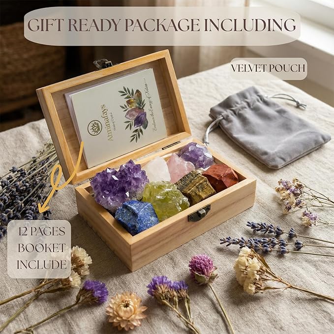 Premium Amethyst Cluster & 7 Chakra Healing Crystals Set - Amethyst, Rose Quartz, Citrine, Lapis Lazuli, Clear Quartz, Tigers Eye, Red Jasper - for Yuga ,Meditation, Reiki, Energy Alignment - with Wooden Gift Box, Guidebook & Velvet Pouch