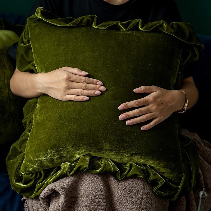 Glory Season Velvet Throw Pillow Cover Soft Decorative Luxurious Solid Square Cushion Case for Sofa Couch Bedroom Farmhouse,Pack of 2, 18 x 18 Inches, Olive Green