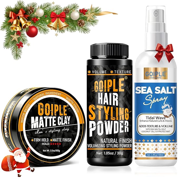 Matte Clay Firm Hold Hair Clay for Men Water Based & Hair Styling Powder for Natural Finish Volumizing & Texturizing Hair Powder & Sea Salt Spray for All Hair Adds Instant Thickness Light Hold (3PCS)