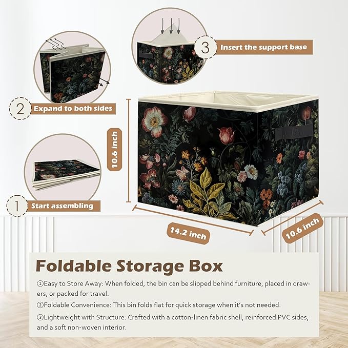 Vintage Gothic Floral Storage Box Bins, Dark Cottagecore Wildflower Botanical Collapsible Storage Basket Organizer for Bedroom Laundry Room Home Clothes Books, Decor for Room