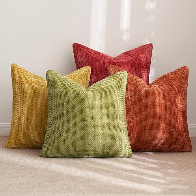 MIULEE Soft Decorative Chenille Fall Pillow Covers Rust Yellow Green 18x18 | Pack of 4, Rustic Decor, Autumn Harvest Set, Couch Throw Pillows, Farmhouse Boho Cushion Covers for Sofa Bed Living Room