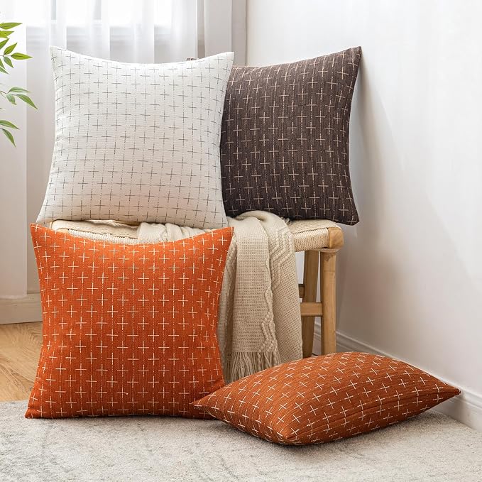 MIULEE Pack of 2 Decorative Burlap Linen Throw Pillow Covers Modern Farmhouse Pillowcase Rustic Woven Textured Cushion Cover for Sofa Couch Bed 24x24 Inch Rust