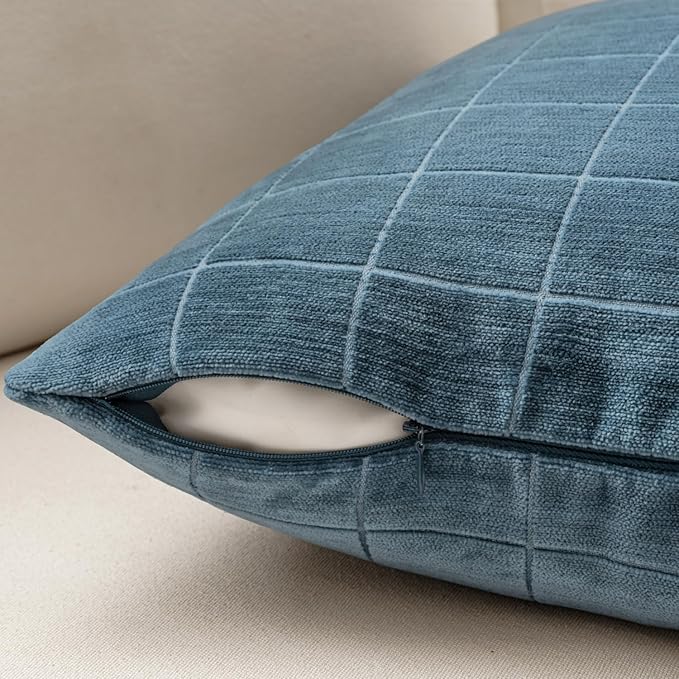 MIULEE Blue Plaid Decorative Throw Pillow Covers 20x20 Set of 2 | Vintage, Check Chenille Couch Pillows, Neutral Boho Farmhouse Cushion Covers, Modern Home Decor for Sofa Bed Living Room