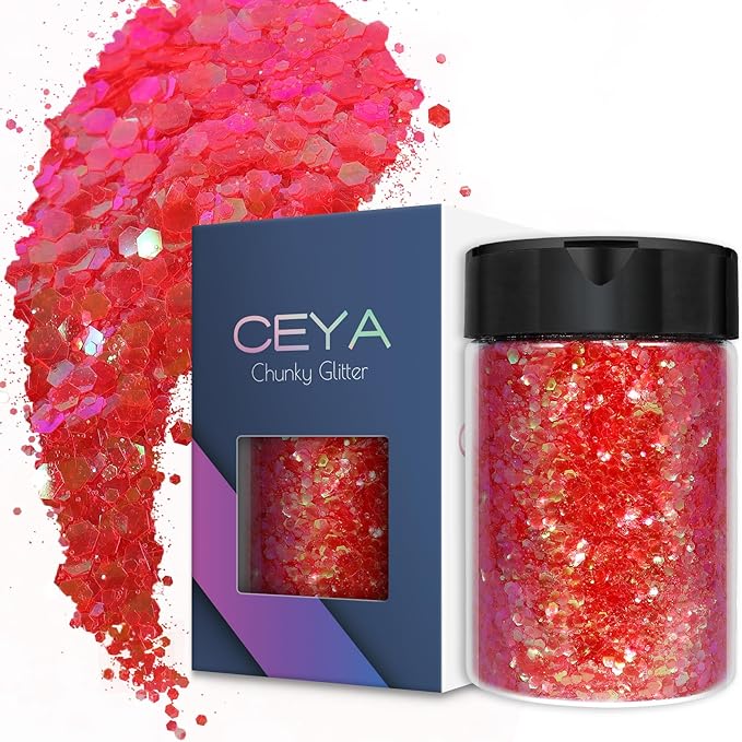 Ceya Chunky Glitter, 4.9oz/ 140g Living Coral Craft Glitter Powder Mixed Fine Flakes Iridescent Nail Sequins for Nail Art, Hair, Epoxy Resin, Tumblers, Slime, Painting, Festival Decor