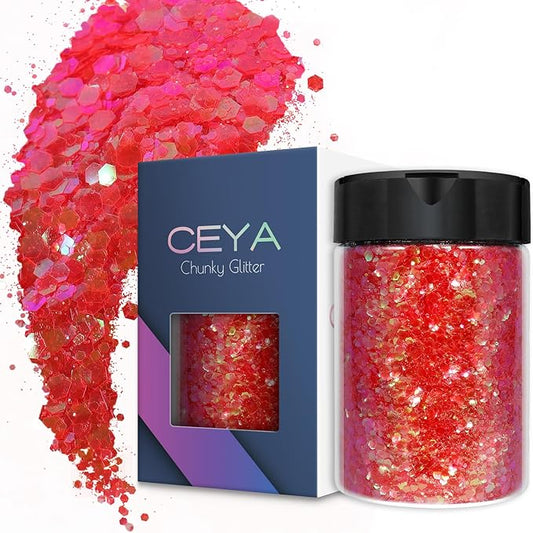 Ceya Chunky Glitter, 4.9oz/ 140g Living Coral Craft Glitter Powder Mixed Fine Flakes Iridescent Nail Sequins for Nail Art, Hair, Epoxy Resin, Tumblers, Slime, Painting, Festival Decor
