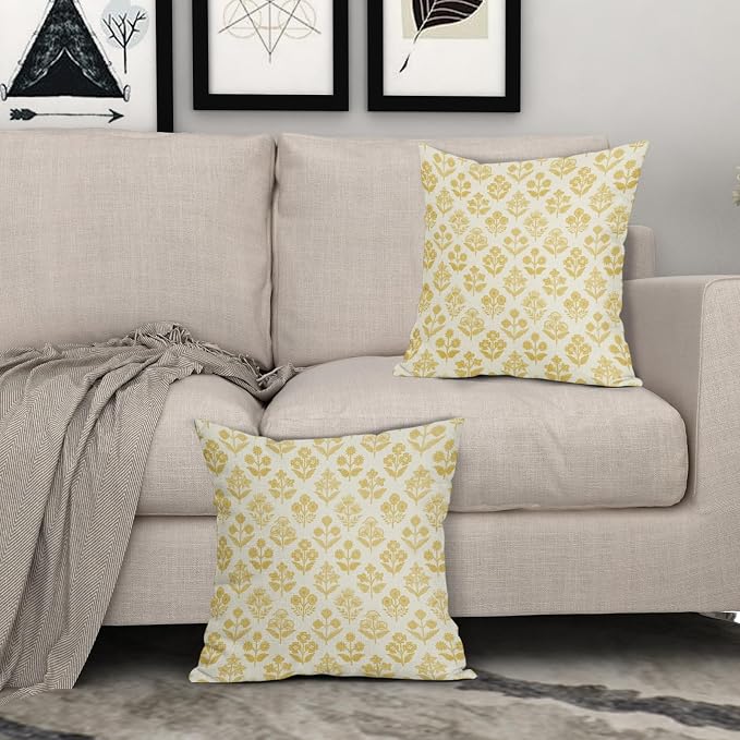 Yellow Floral Pillow Covers 18x18 Inch Set of 2, Vintage Flower Block Print Pattern Decorative Throw Pillowcases Outdoor Farmhouse Cushion Covers Spring Summer Rustic Sofa Couch Bed Decor