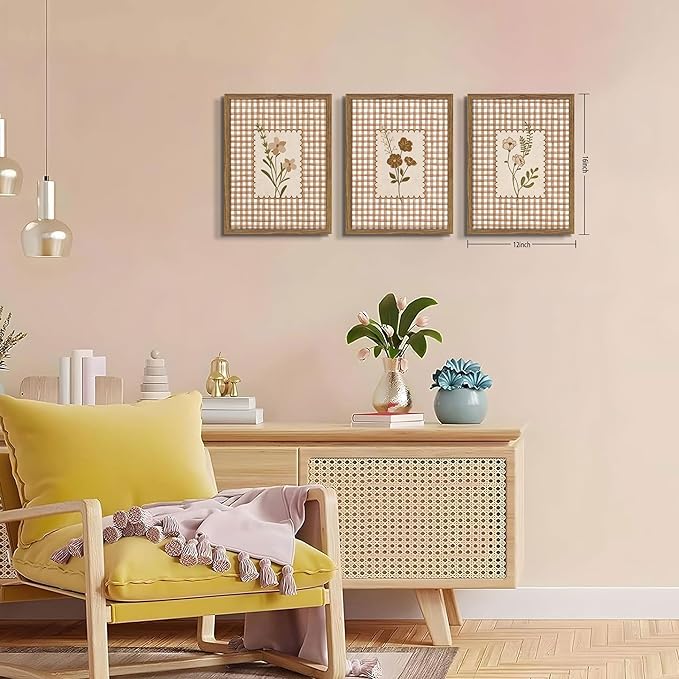 Framed Vintage Floral Wall Art Set of 3, Neutral Wildflower Botanical Canvas Wall Decor Paintings, Cottagecore Gingham Flower Posters Prints Pictures for Living Room Bedroom Bathroom 12x16 Inch