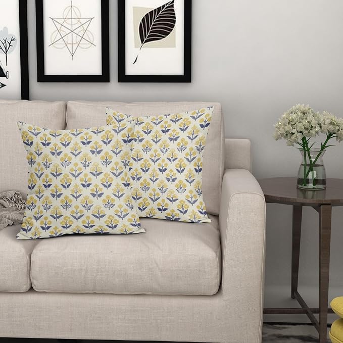 Navy Blue Yellow Floral Pillow Covers 22x22 Inch Set of 2, Vintage Flower Block Decorative Throw Pillowcases Outdoor Farmhouse Cushion Covers Spring Summer Rustic Decoration Sofa Couch Bed Decor