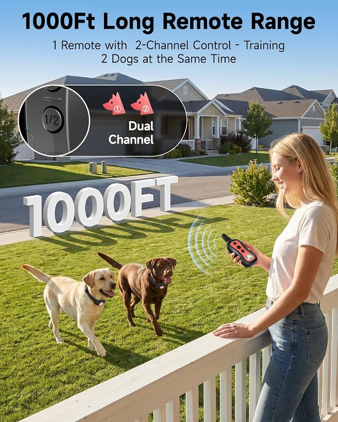 PATPET Dog Training Collar Shock Collar with Remote - 3 Training Modes, Beep, Vibration and Shock, Up to 1000 ft Remote Range, Rainproof for Small Medium Large Dogs | 1000Ft Waterproof Shock Collar for Dogs, 3 Training Modes(Beep,Vibration,Shock) for 1...