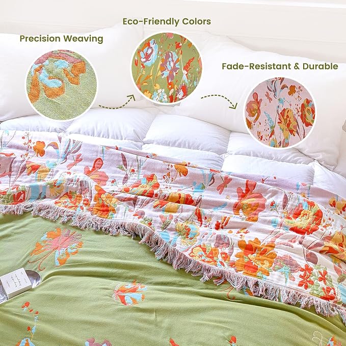 MSGKV Boho Throw Blanket 90"x90" Summer Cotton Butterfly Floral Blanket | 100% Cotton Muslin, Butterfly Throw Blanket, Reversible Weave, Soft & Breathable, Rose Floral Design, Machine Washable