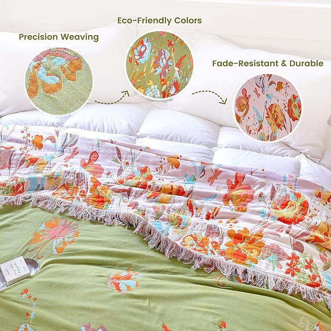 MSGKV Boho Throw Blanket 90"x108" 100% Cotton Flower Butterfly Blanket King | King Size Cotton Throw, Flower Butterfly Design, Reversible Woven, Summer Breathable, Farmhouse Home Decor, Machine Washable