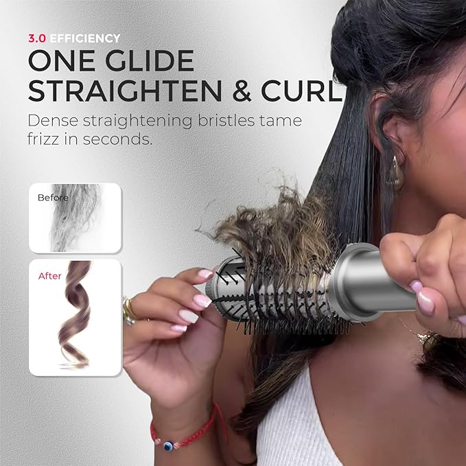 TYMO STYLUX PRO Thermal Brush Curling Brush, 1.5 Inch Blowout Heated Round Volumizer, Hair Straightener and Curler 2 in 1, 800M Negative Ion for Smoother, LCD Display, 5 Temp, Dual Voltage, Gray