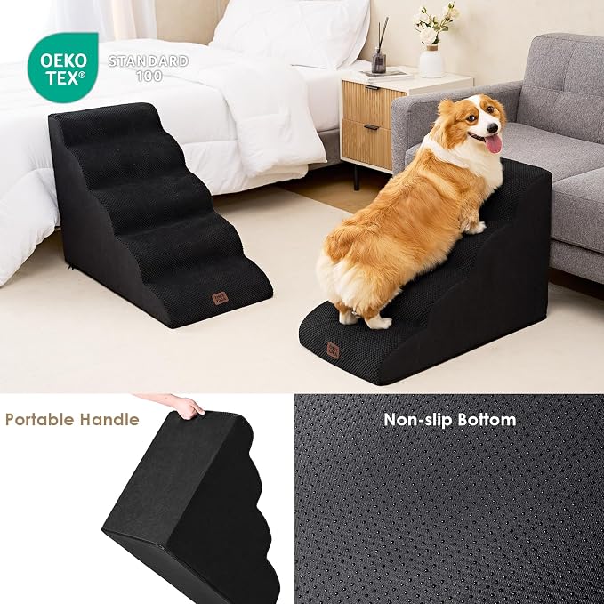 EHEYCIGA Curved Dog Stairs Ramp, 4-Step High Beds, 19.7" H Pet Step | 33D density of pure foam, for Small Dogs and Cats, Pet Stairs for High Bed Climbing, Non-Slip Balanced Indoor, Black