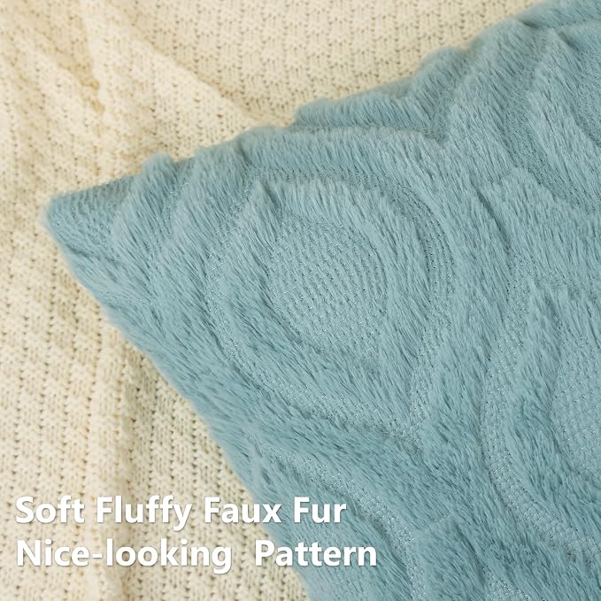 decorUhome Faux Fur Plush Soft Aqua Throw Pillow Covers 18x18 Set of 2 | Plush Solid Fall Couch Pillow Covers, Accent Modern Farmhouse Neutral Decorative Square Pillow Cases for Sofa Bed Living Room