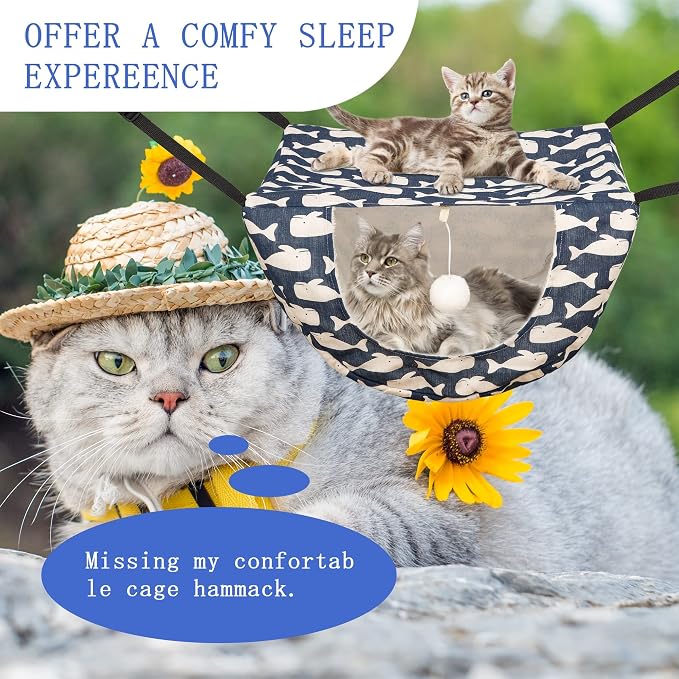 JSPYFITS Cat Cage Hammock with Ball,Double Layer Hanging Adjustable Soft Pet Bed Suit for Kitten Ferret Puppy Rabbit or Small Pet, 2 Level Indoor Bed for All Season(Blue Whale)