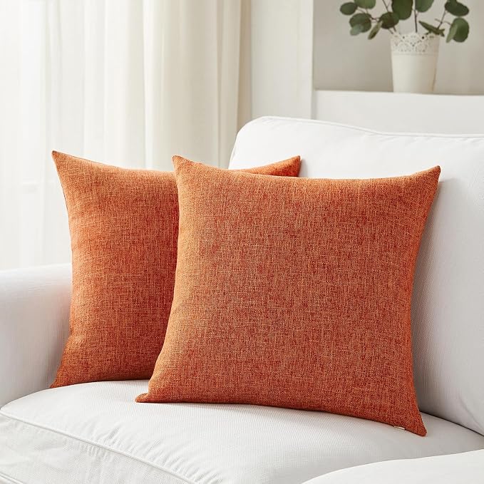 Meekio Set of 2 Burnt Orange Throw Pillow Covers 20x20, Fall Linen Blend Decorative Pillow Covers for Couch Sofa Bed, Fall Decorations for Home